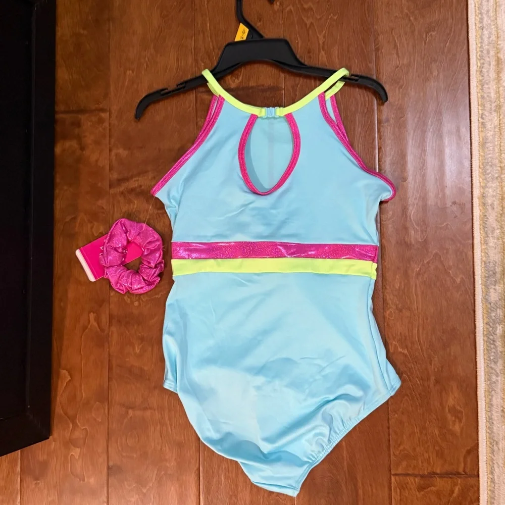 NWT size Medium (10) High Neck Leotard in Blue with Pink and Green detail